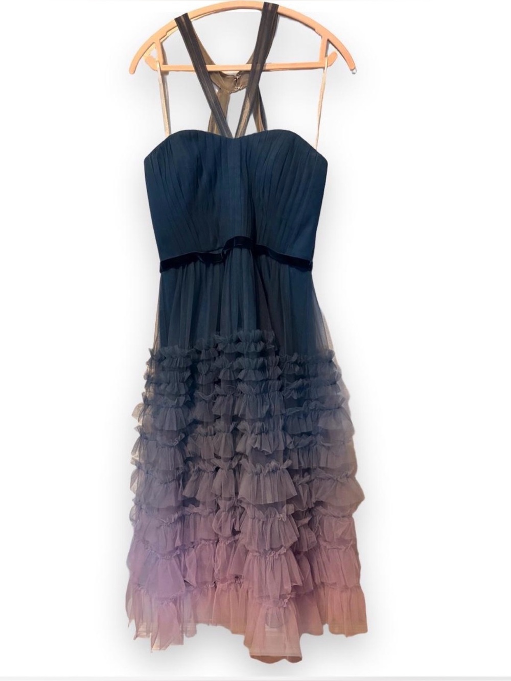 Marchesa Notte Ombre Ruffled Tulle Dress in Navy to Blush